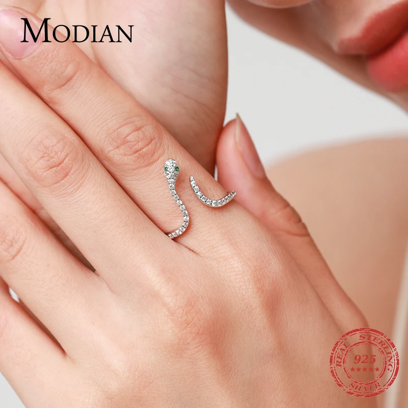 Modian Adjustable Snake Ring 925 Sterling Silver Trendy Clear CZ Dazzling Open Size Female Finger Ring for Women Party Jewelry