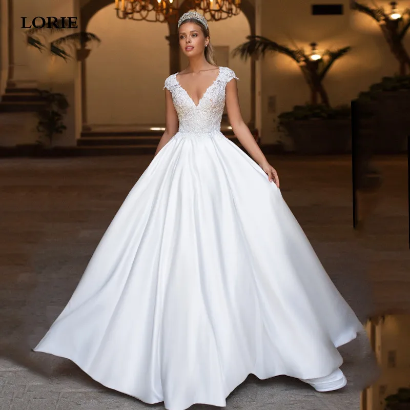 LORIE Satin Wedding Dresses Cap Sleeve Sexy V Neck Boho Bride Dresses Princess Wedding Gown Vestido de novia