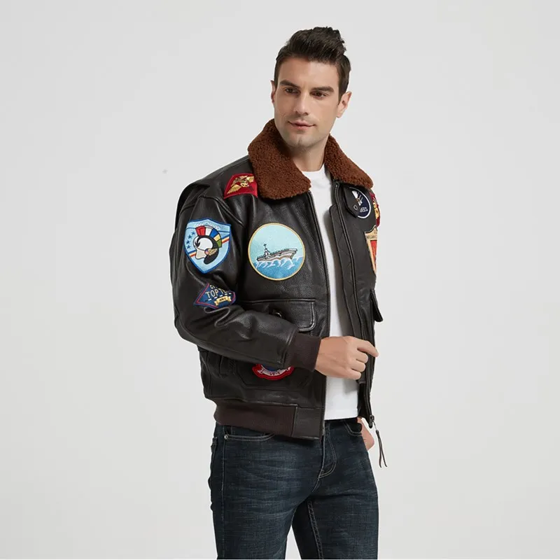 Dark Brown TOP GUN Pilot Leather Jacket Men Wool Collar Genuine Thick Natural Cowhide Winter Military Style Aviation Coat