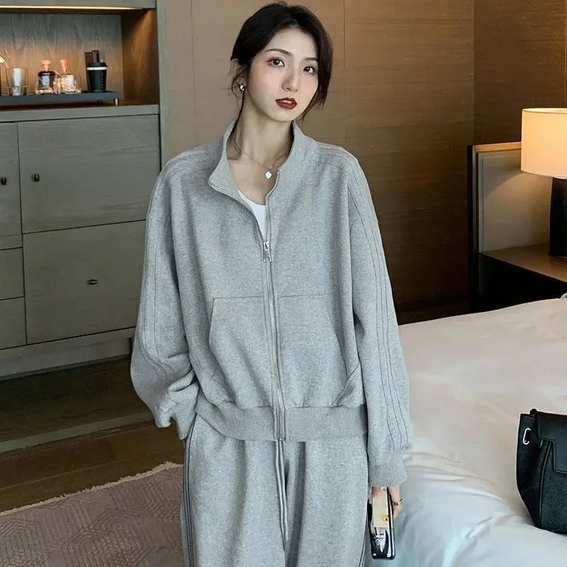 Gray casual suit women's spring and summer new loose and thin Baseball Jacket wide leg pants versatile trend two-piece set