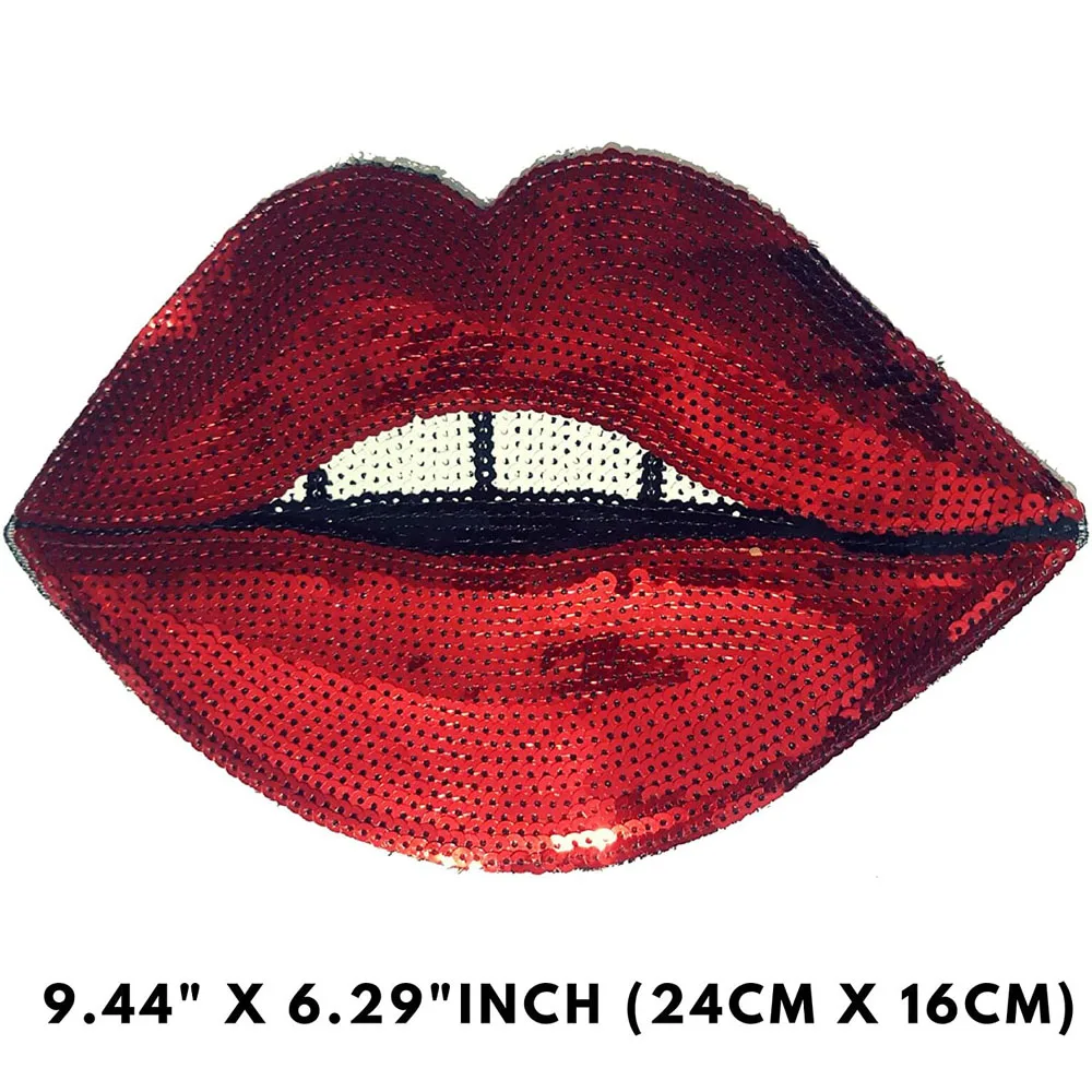 1Pc Large Red Lips Patches Iron On Clothing Glitter Sequin Embroidered Sequins DIY Motif Applique Craft