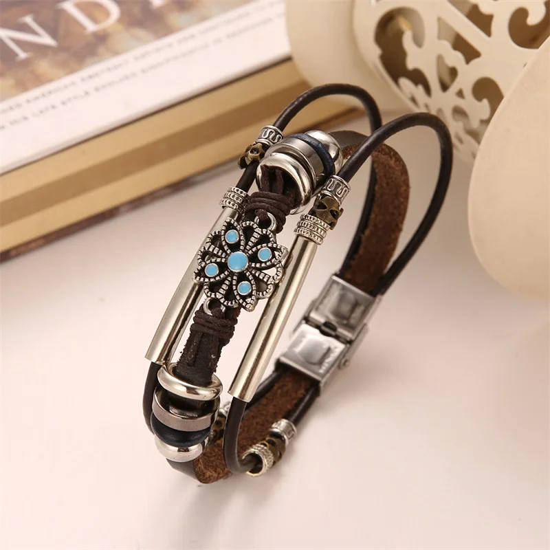 IFMIA Vintage Flower Bracelets & Bangle Boho Multiple Layers Leather Bracelet 2019 For Women Man Wrap Female Punk Jewelry Gifts