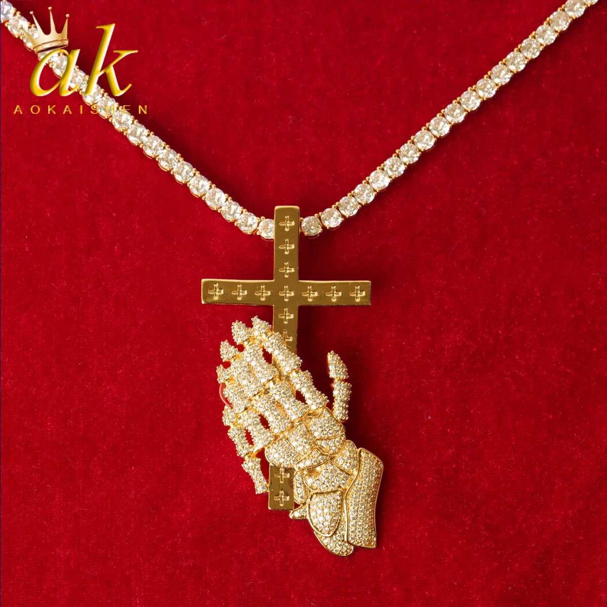 Aokaishen Cross Hand Pendant Men Necklace Real Gold Plated Hip Hop Jewelry Christmas Gift