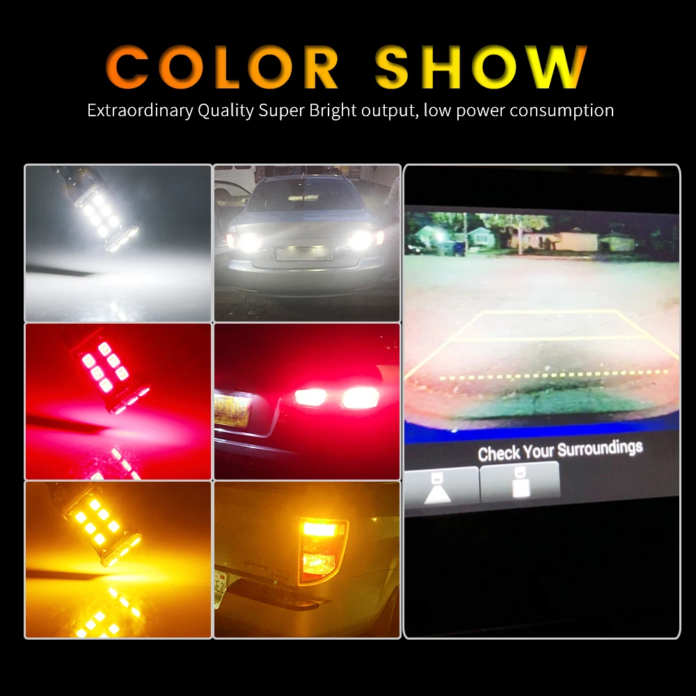 2pcs Canbus No Error T15 W16W 2835 SMD 15 LED WY16W Amber Red White Cars LED Bulbs Tail Brake Reverse Turn Signal Backup Light