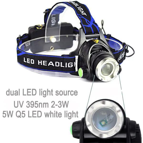 TOPCOM Powerful 4-Mode 5W LED Headlamp USB Rechargeable Zoom Headlight 395nm UV & White Head Torch For Camping Scorpion Detector