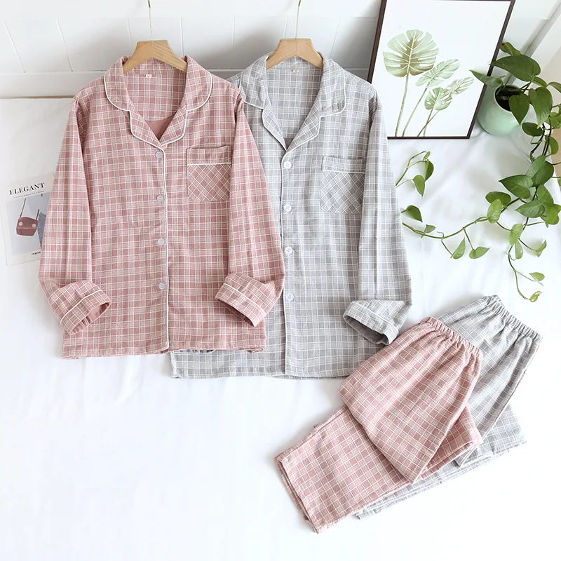 

New spring and autumn couple pajamas long-sleeved trousers 100% cotton brushed plaid two-piece home service for men and women