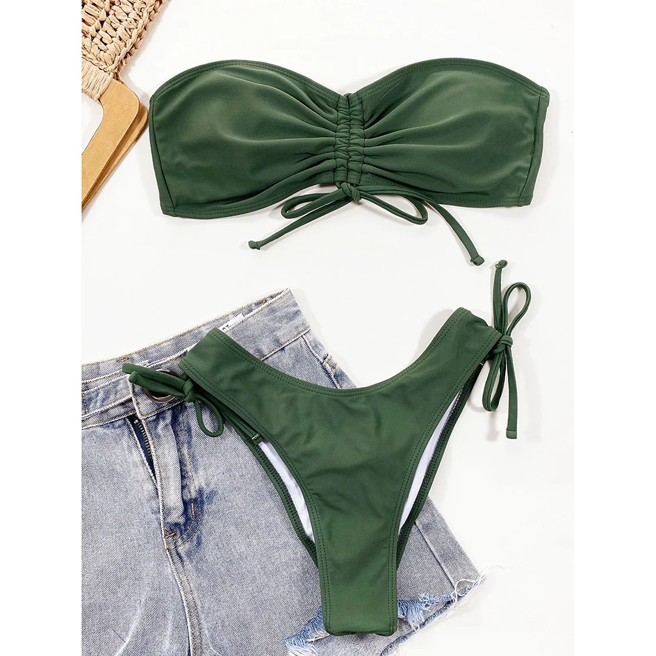 Imagem -05 - Conjunto de Biquíni Feminino Ruched Maiô Bandeau Biquínis Feminino Tanga Maiô Sexy Roupa de Praia Peças 2023