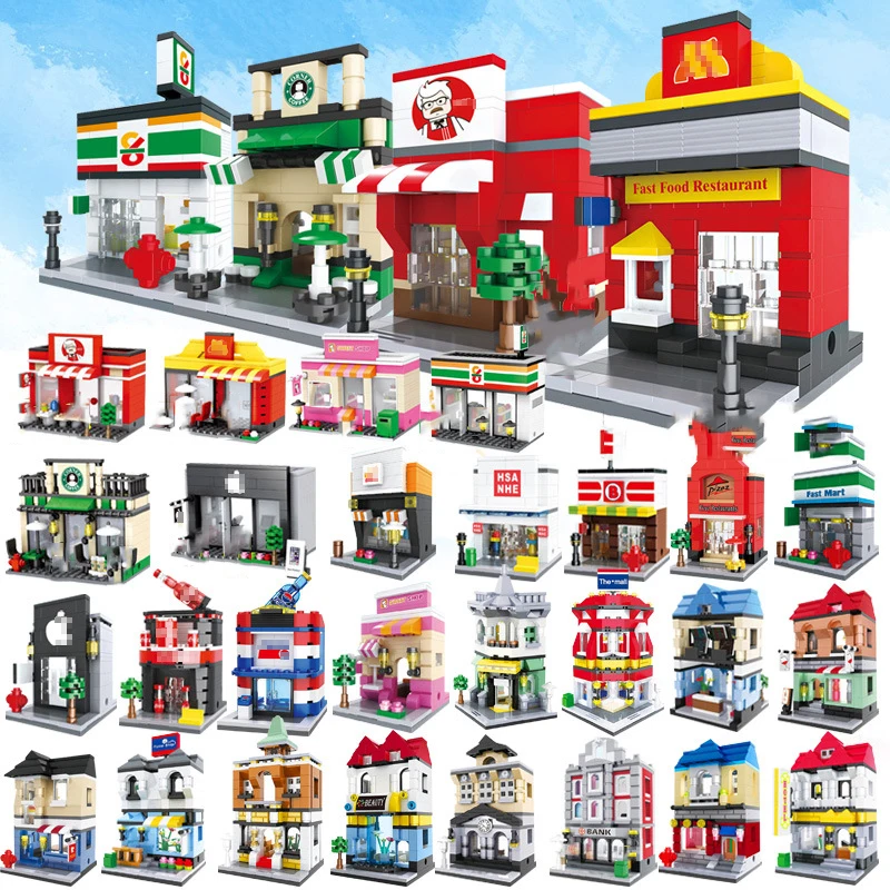 City Mini Architecture Street View Model Building Blocks Hamburger Restaurant Retail Store Friends For Girl Shop Market Creative