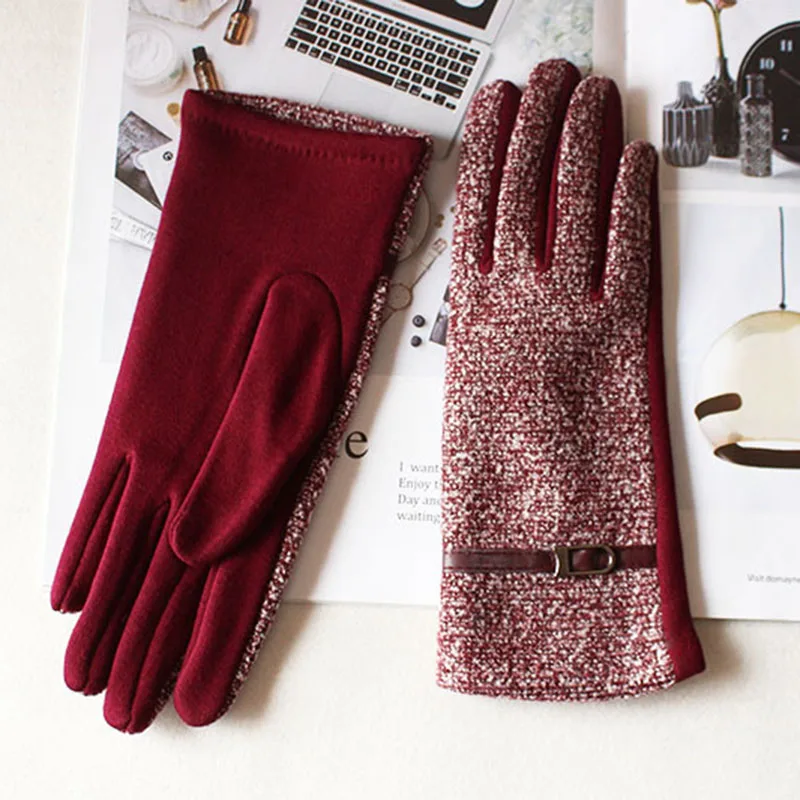 Knitted Cotton Gloves Women's Thin Elastic Spring and Autumn Brushed Lining to Keep Warm For Female Students Daily Wear