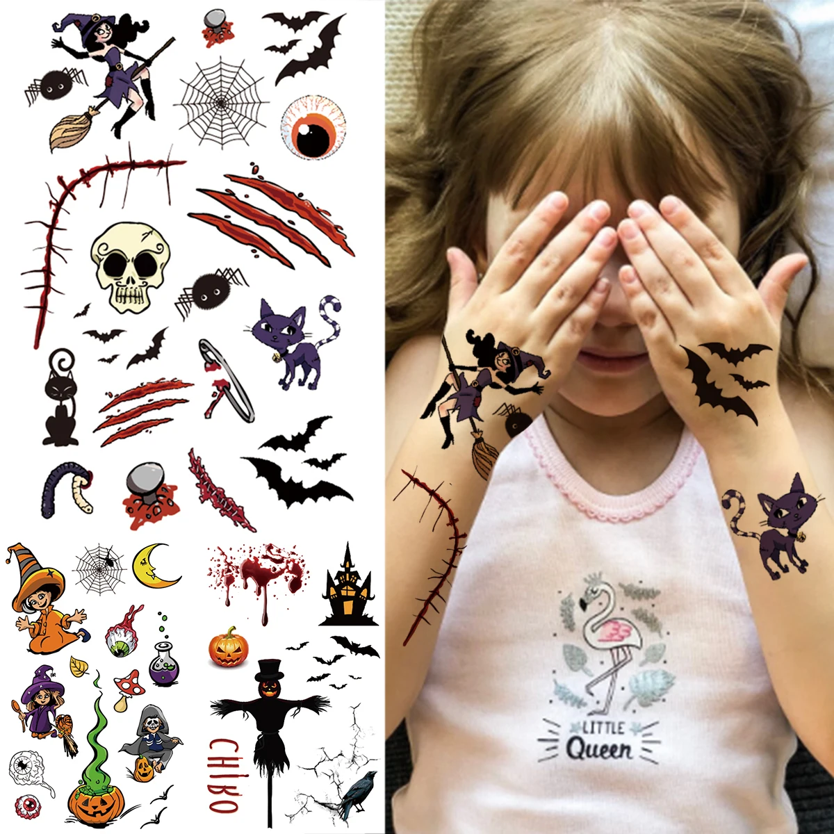 Black Halloween Spider Temporary Tattoos For Kids Children Realistic Fake Bat Scarecrow Skull Tatoos DIY Small Tattoo Stickers