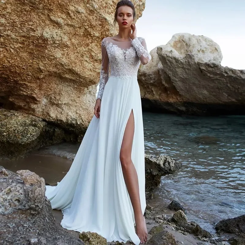 

On Sale Summer Beach Long Sleeves Bridal Wedding Dresses Lace Jewel Neck Side Split Wedding Gowns for Bride Appliqued 2021