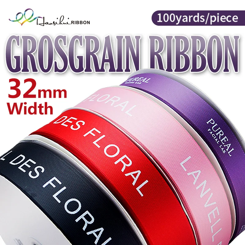 

HAOSIHUI 32mm High Quality Personalised Ribbon Brand Name with Logo Custom Grosgrain Webbing for Decoration 100yards/lot