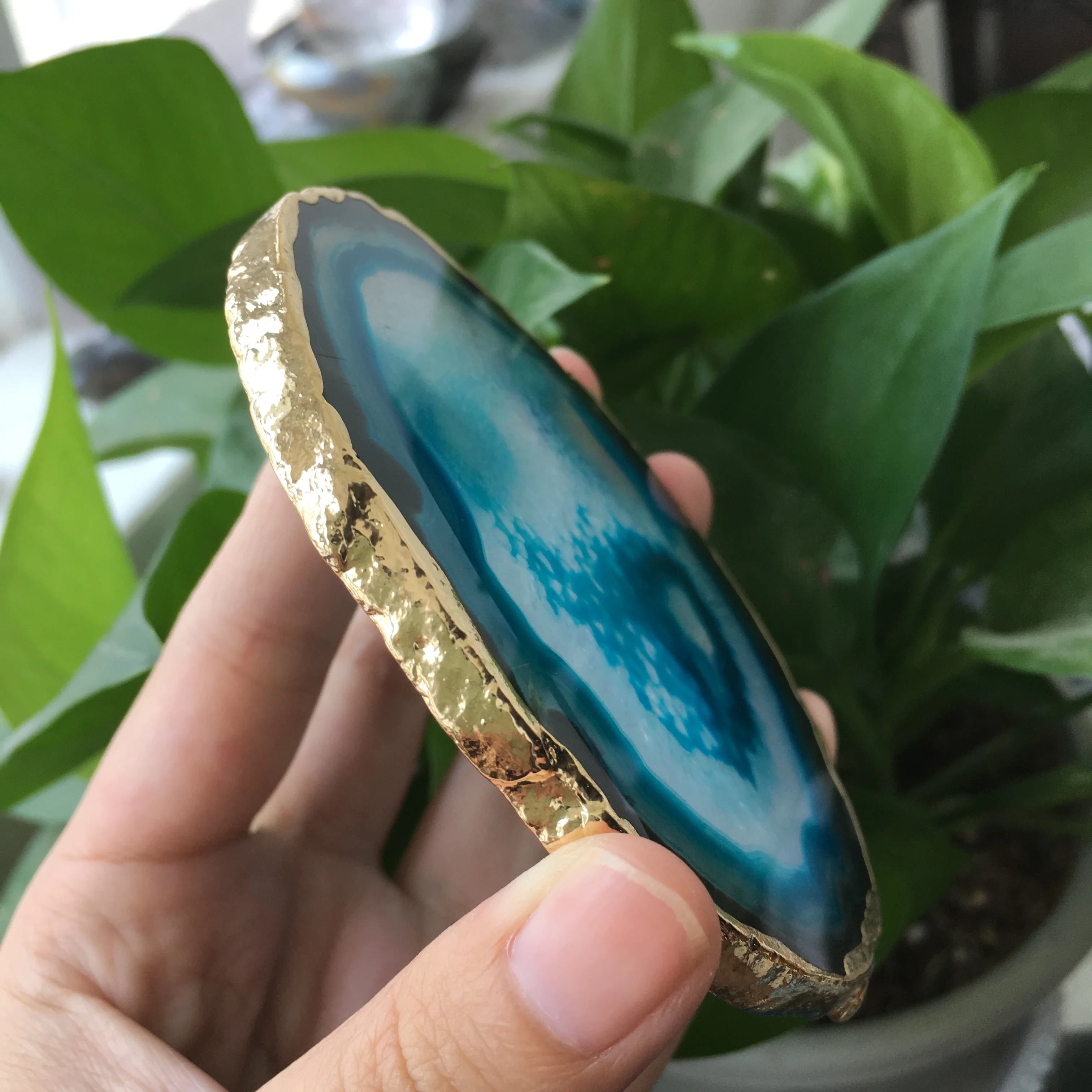 1pcs natural agate Geode piece insulated coasters crystal board jade agate coasters with gold-plated lace mineral trim