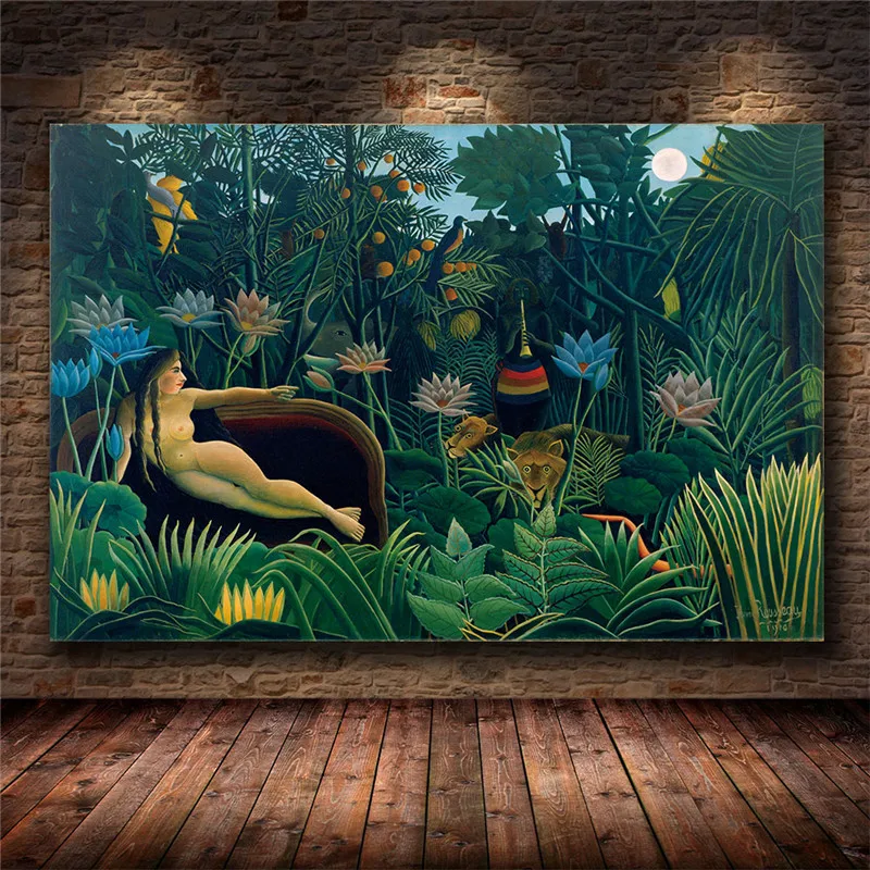 Art Dream by Surrealist Artist Henri Rousseau Canvas Print Painting Naked Woman Tropical Rain Forests Natural Animal Home Decor