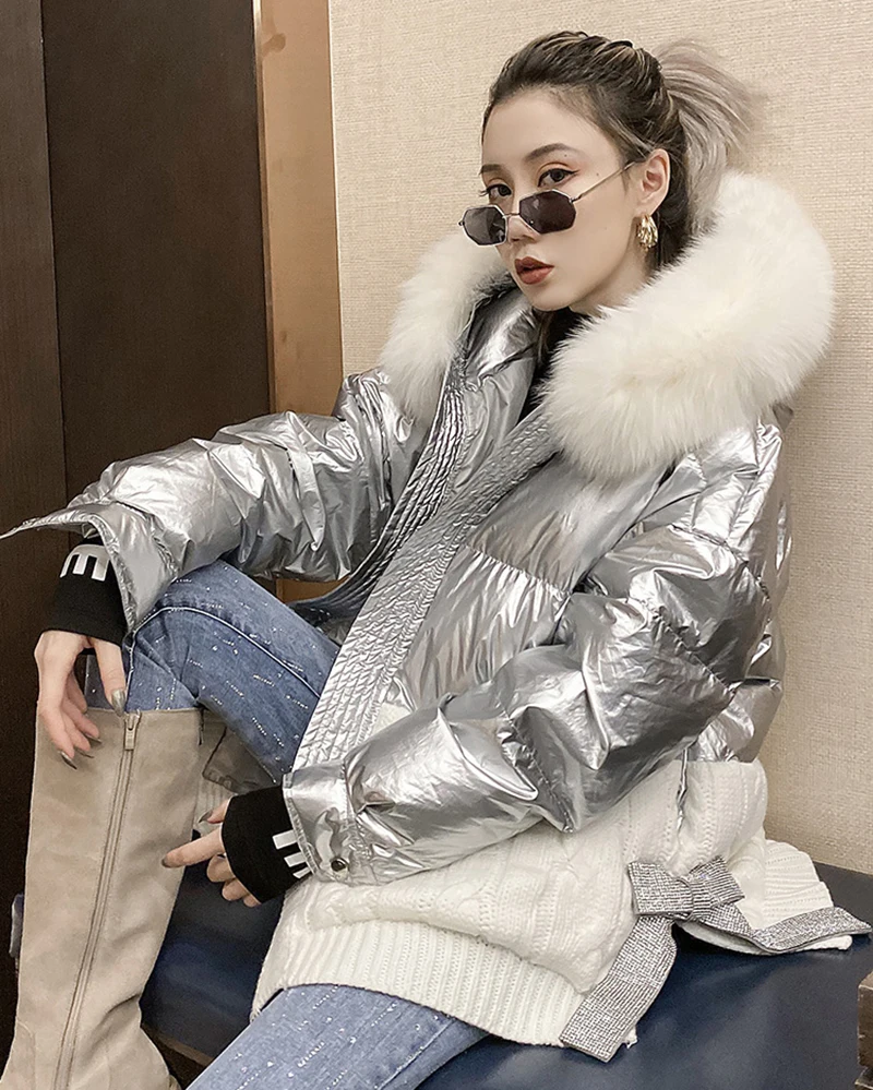 White Duck Down Knitt Stitching Fox Fur Collar Coat Shiny Feather Jacket Short Women 2024 Winter Warm Outwear Lady Hooded Parkas