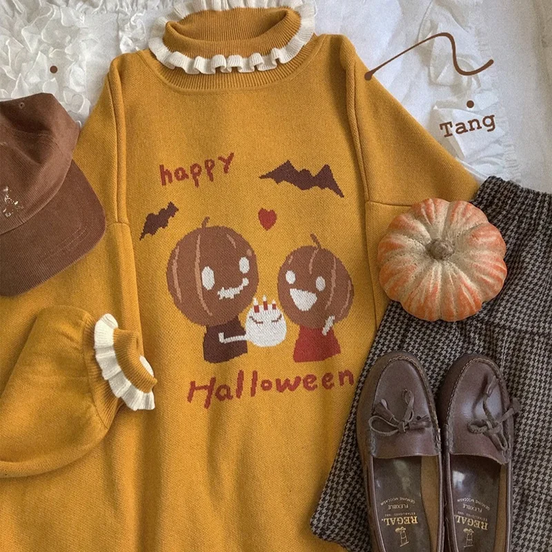 Harajuku Gothic Girl Halloween Pumpkin Party Cute Loose Lantern Sleeve Sweater Vintage Pullover Tops