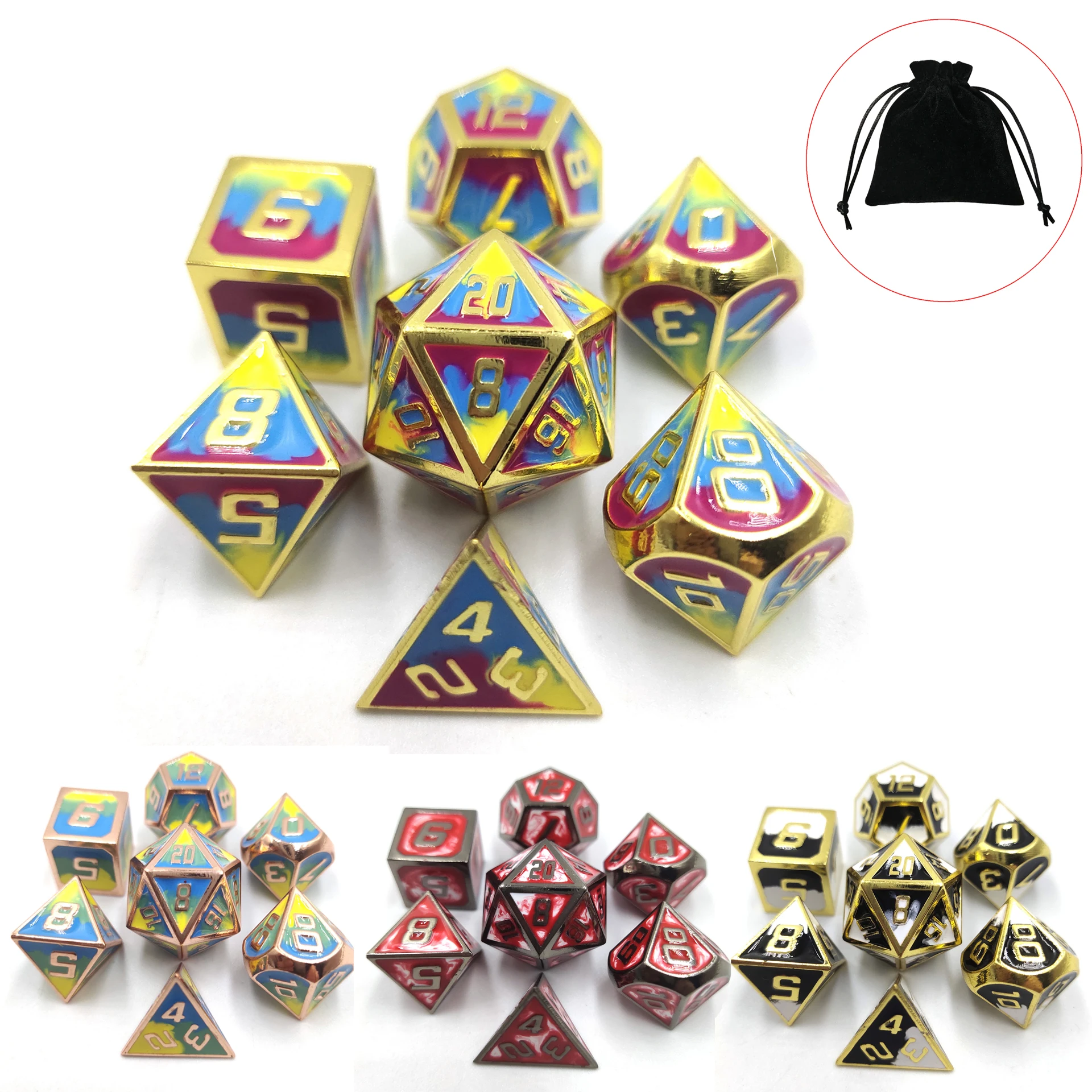 Dados poliédricos metálicos com bolsa de veludo, DND e RPG, jogos de mesa, entretenimento, D20, D12, D10, D %, D8, D6, D4, 7Pc Set