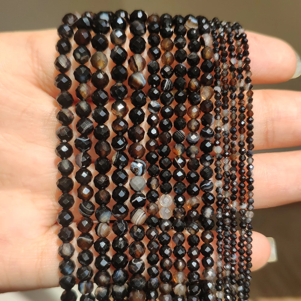 Natural Black Stripes Agates 2/3/4mm Faceted Loose Round Mineral Beads for Jewelry Making DIY Christmas Gift Bracelets 15inch