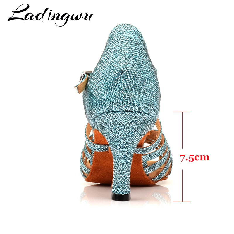 Ladingwu Hot Salsa Dance Shoes Women Light Blue Glitter cloth Latin Ballroom Party Soft Bottom Dance Shoes Heel 6-10cm