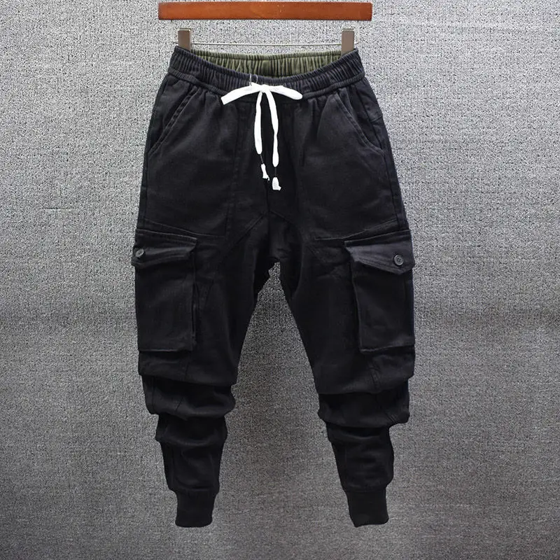 Idopy Men`s Cargo Pants Harem Style Loose Fit Drop Crotch Elastic Waist Ankle Length Multi Pockets Trousers For Male