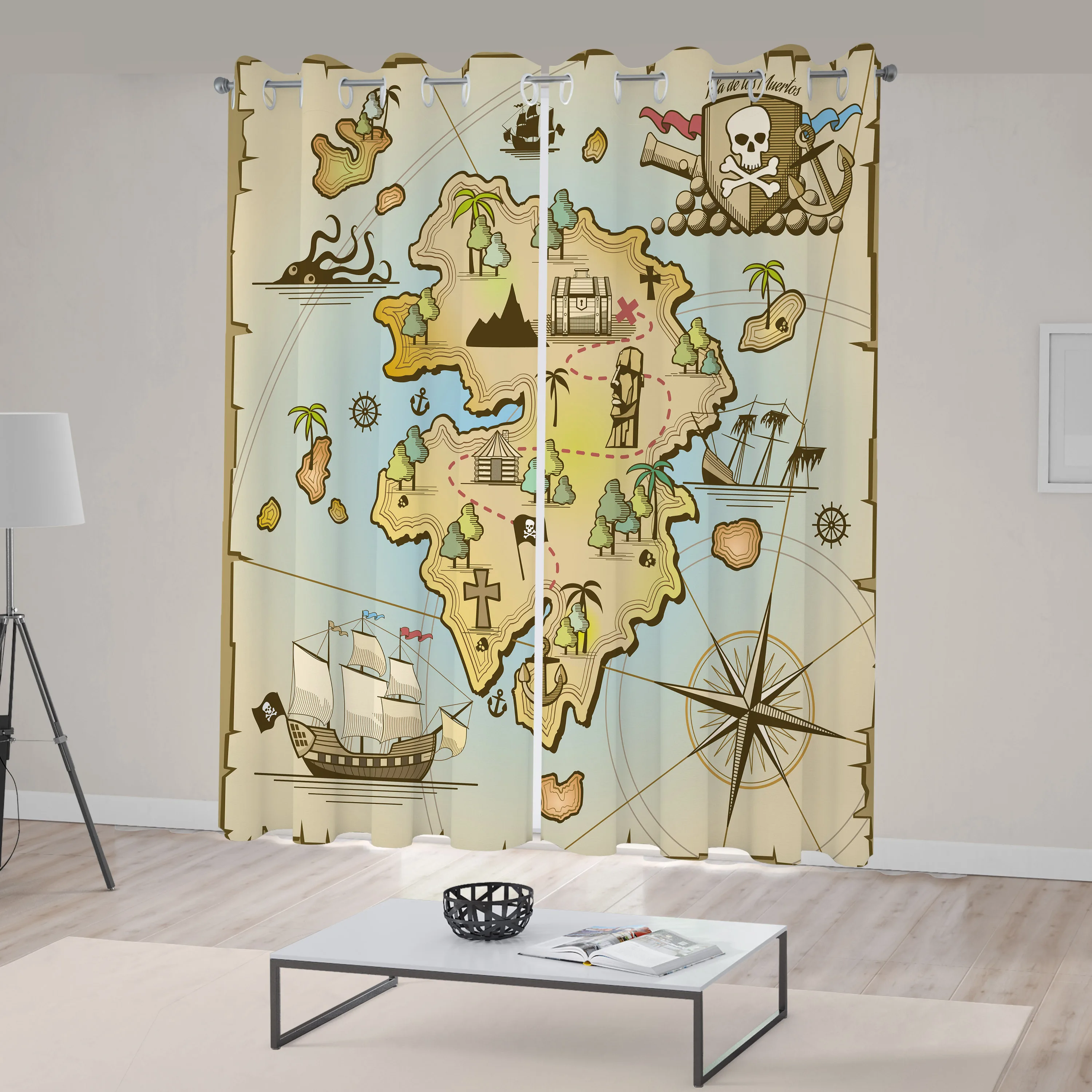 Island Map Curtains Cartoon Treasure Island Pirate Ship Chest Kraken Octopus Nautical Kids Design Living Room Bedroom Window