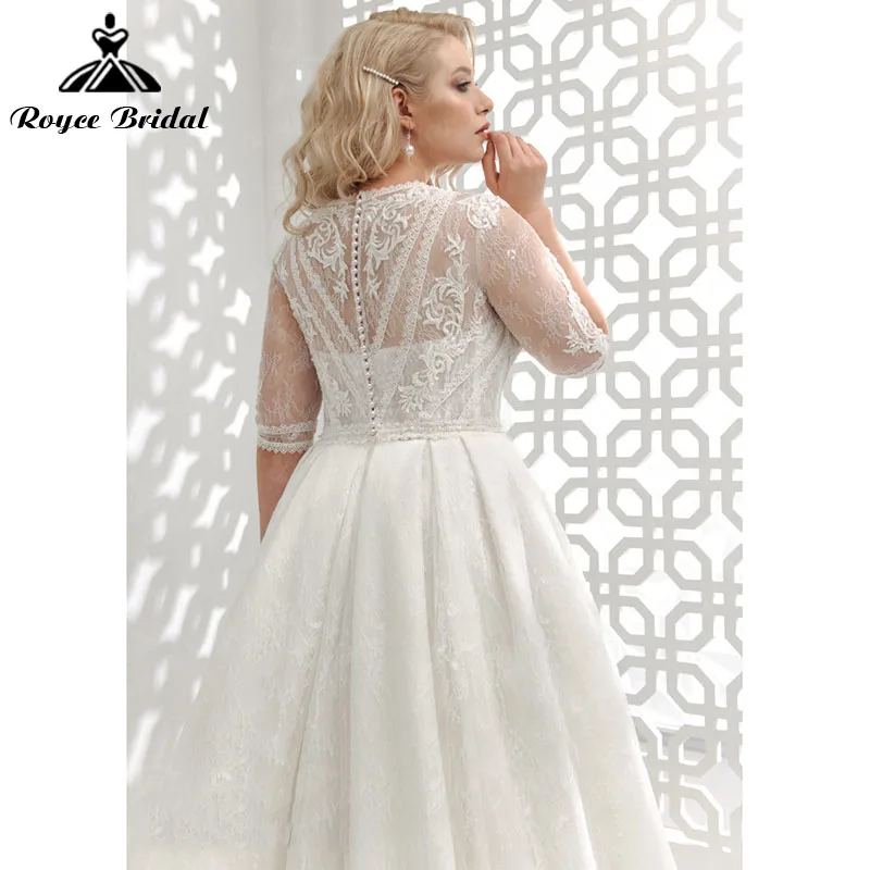 Een Lijn Champagne Trouwjurken Met Zakken Plus Size Kant Applicaties V-hals Drie Kwart Illusion Sweep Trein Roycebridal