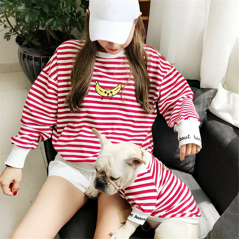 Miflame Dog Matching Owner Set Family Dog Clothes French Bulldog Corgi Stripe Pet Sweatshirt Banana Embroidery Small Dog Hoodies