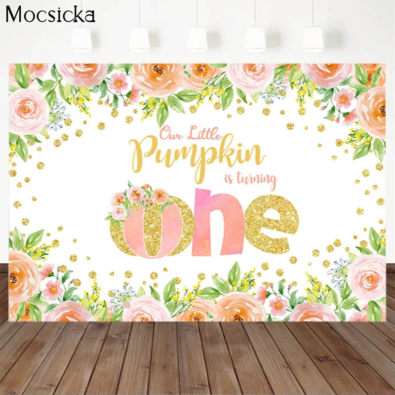 Mocsicka-핑크색 꽃 장식 스타일 1 살 생일 파티 사진 배경, 사진 배너