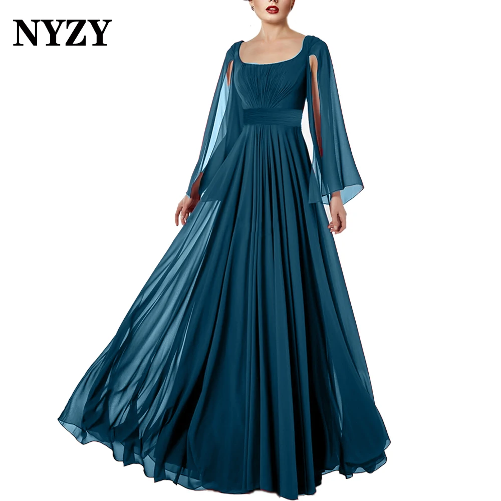 NYZY-vestido de gasa de manga larga para madre de la novia, traje elegante de color verde oliva para invitados de fiesta de boda, vestido Formal de
