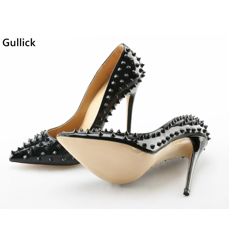 Gold Stud Rivet High Heel Pumps Women Stiletto Heel Dress Shoes Pointed Toe 12CM Slip-on Sexy Solid Pumps Real Photo Shoes