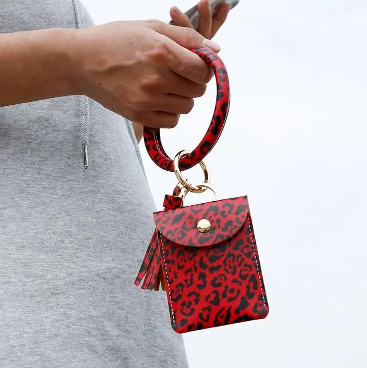 Bracelet Card Bag Wallet Keychain Wristlet Keyring Leopard Handbag Leather Bracelet Keychain Credit Card Holder With Tassel