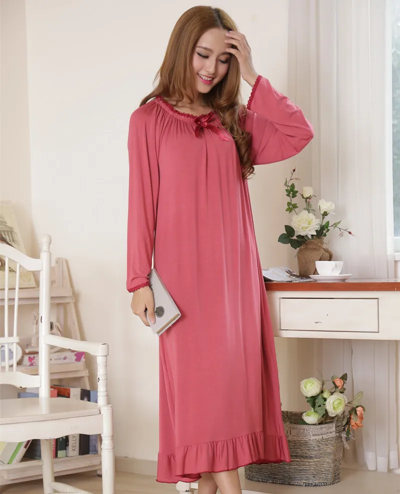 Spring And Autumn Women's Long Sleeve Round Neck Pullover Nightdress Cotton Loose Casual Long Princess Style Home Clothing