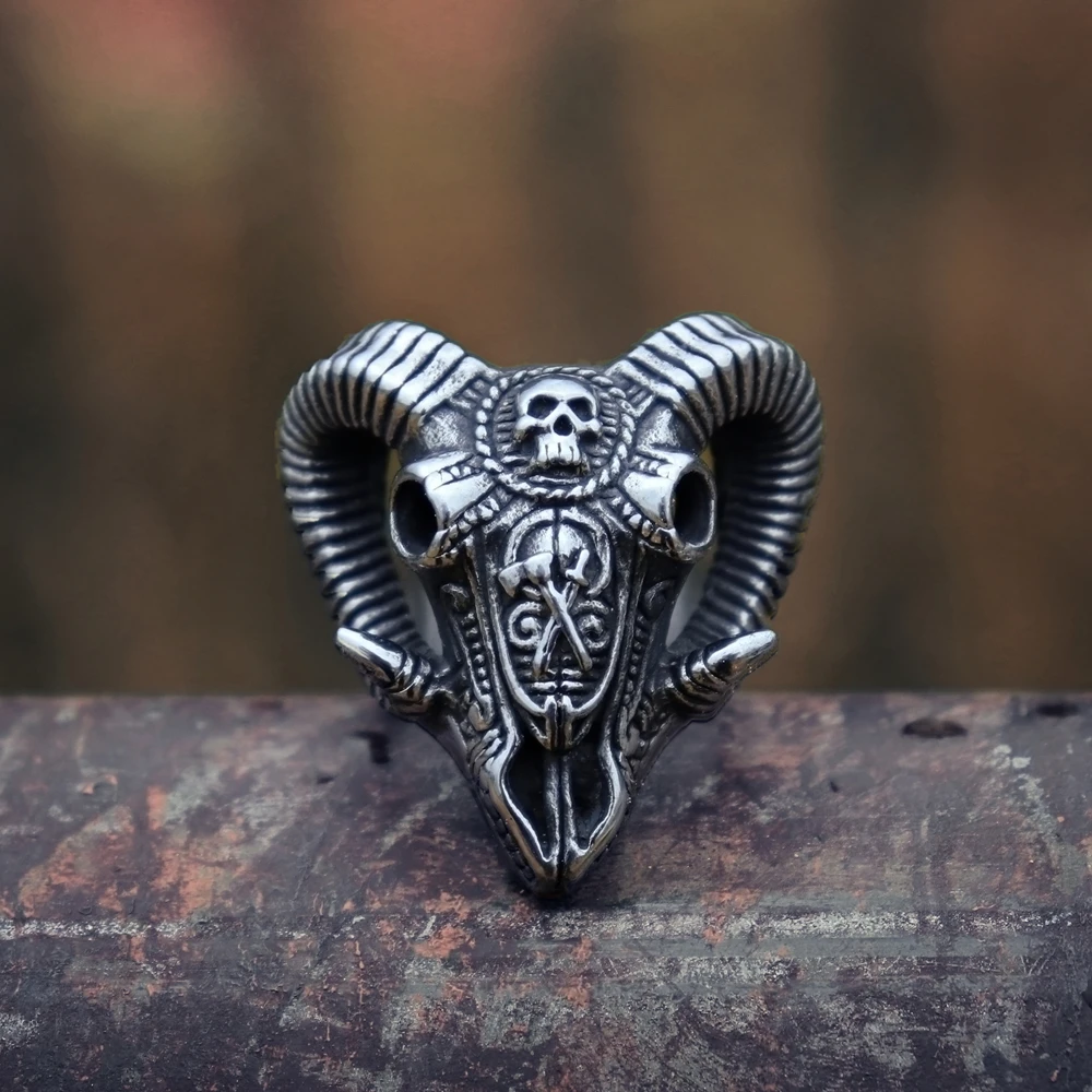 EYHIMD Evil Sacrifice Sorcerer Goat Head Mask Skull Rings Mens Punk Rock 316L Stainless Steel Ring Demon Biker Jewelry