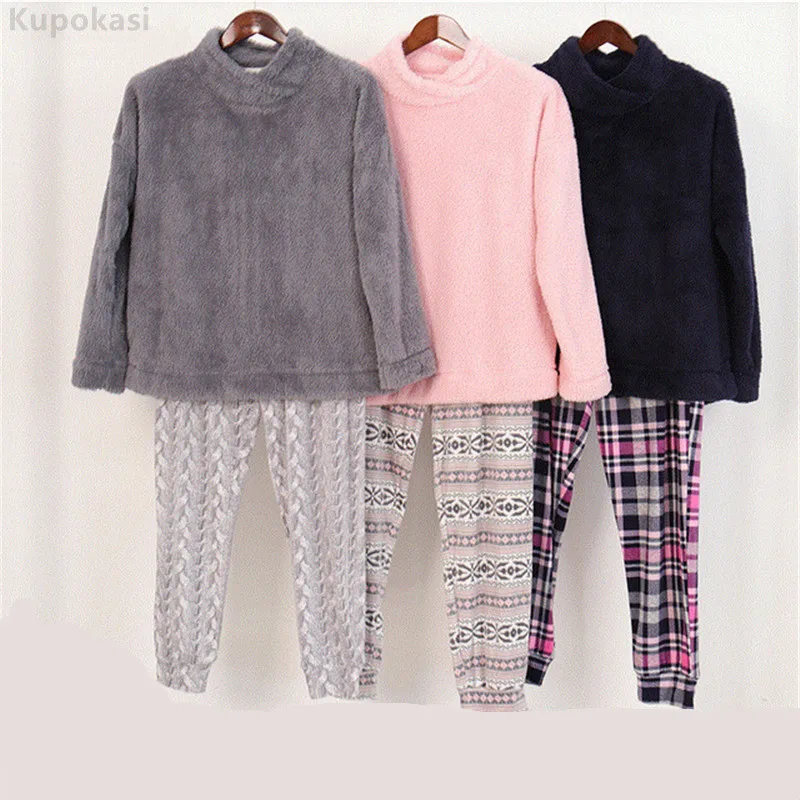 

Kupokasi 2 Pieces Flannel Winter Women Pajamas Set Sleepwear Lattice Casual Loose Warm Homewear Coral Fleece Nightwear sexy pjs