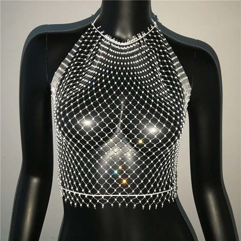 Summer New O Neck Solid Sleeveless Tank Tops Bling Rhinestone Crystal Fishnet Grid Sexy See Through Adjustable Bandage Crop Top