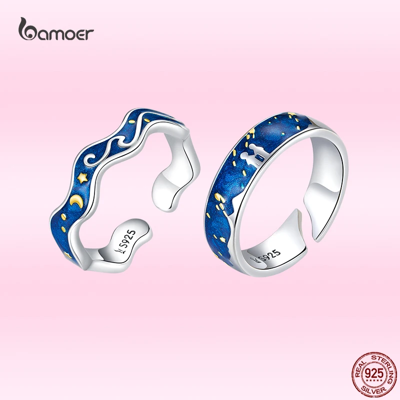 Bamoer Genuine 925 Sterling Silver Wavy Vintage Ring Starry Sky Moon & Star Open Ring Van Gogh Artistic Fine Jewelry Gift GXR608