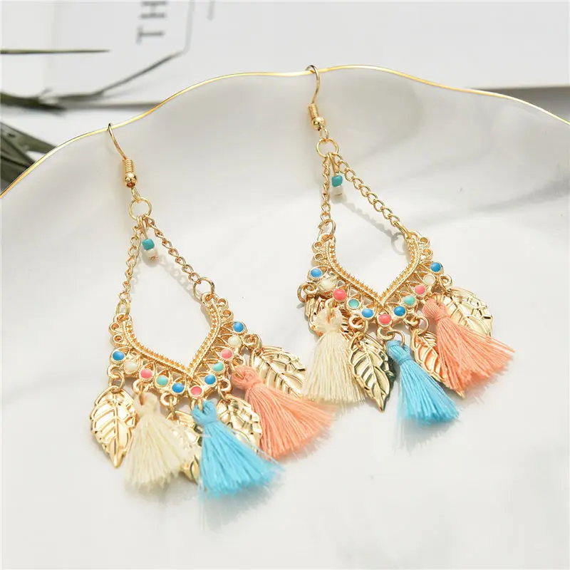 Colorful Boho Leaf Tassel Earrings for Women Metal Fringe Tibetan Jewelry Brincos Bijoux Vintage Bohemian Drop Dangle Earrings