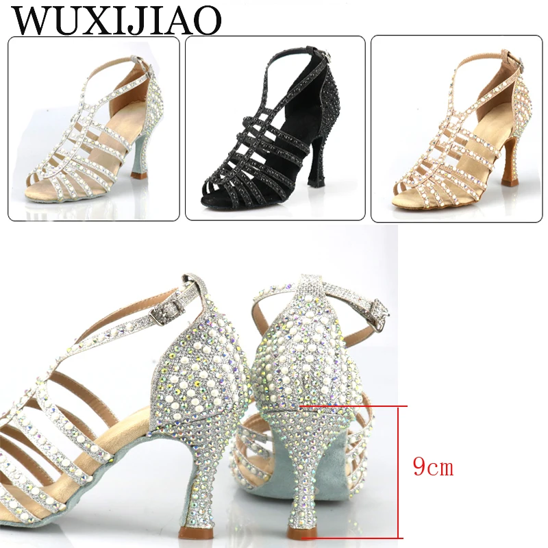 WUXIJIAO Pearl Rhinestones Latin Dance Shoes Women Bachata Salsa Latin Dance Shoes For Girls Vocational Training Shoes