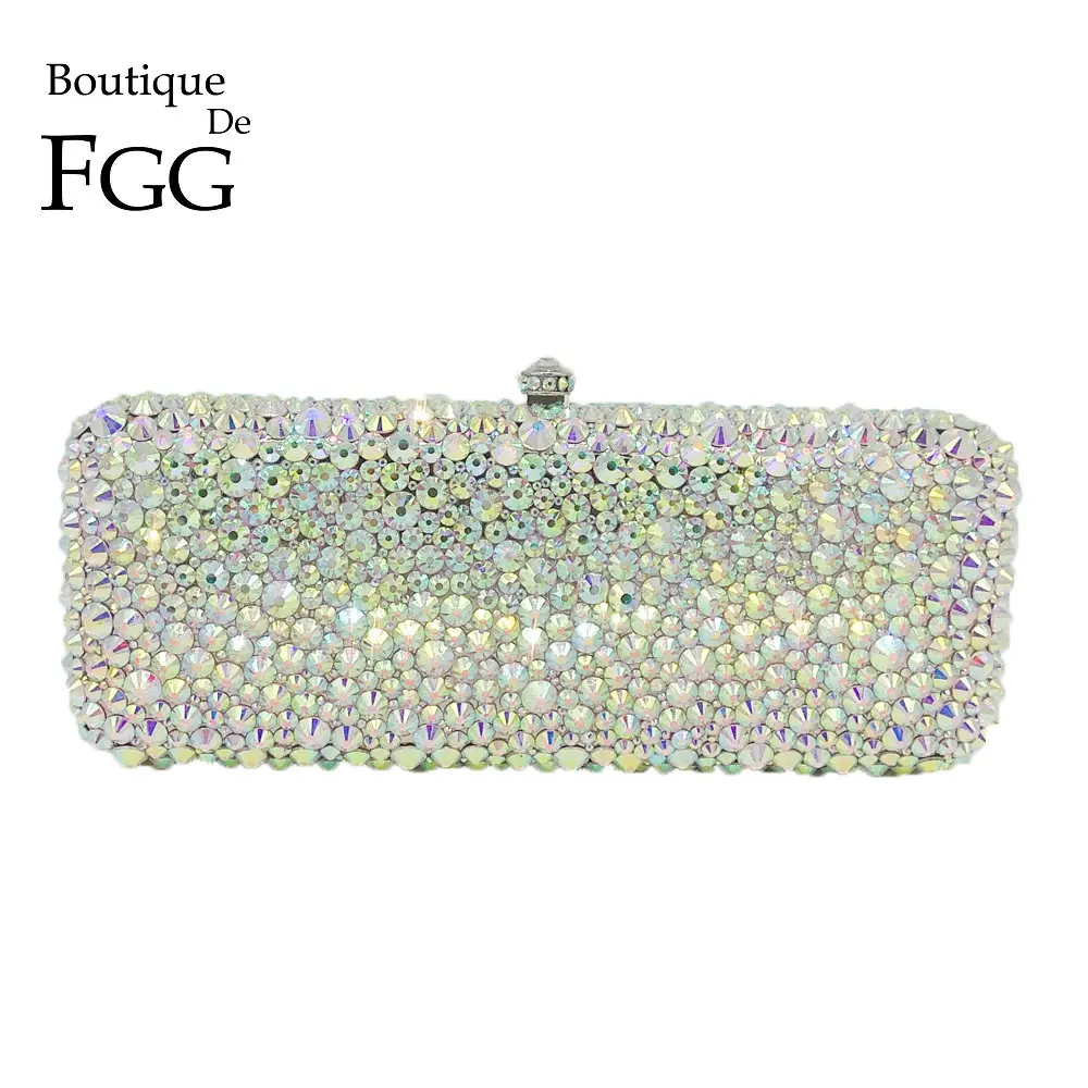 

Boutique De FGG Dazzling Silver AB Women Crystal Evening Bags Metal Hardcase Box Diamond Minaudiere Wedding Party Handbag Purse