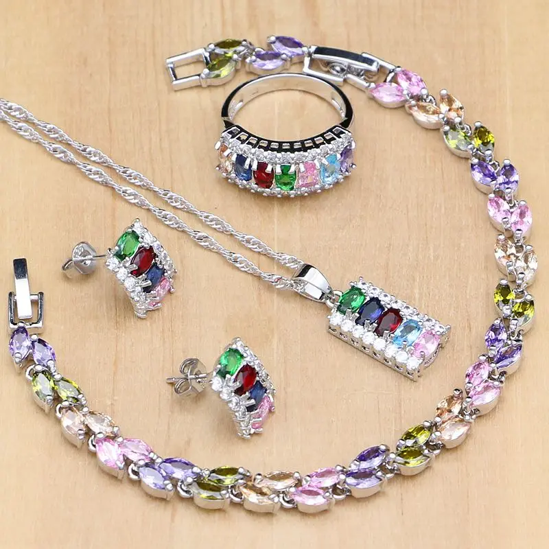 Compact Multicolor Stone 925 Silver Jewelry Sets For Women Wedding Earrings/Pendant/Ring/Bracelet/Necklace Set