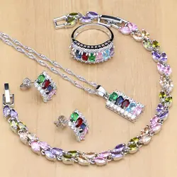 Compact Multicolor Stone 925 Silver Jewelry Sets For Women Wedding Earrings/Pendant/Ring/Bracelet/Necklace Set