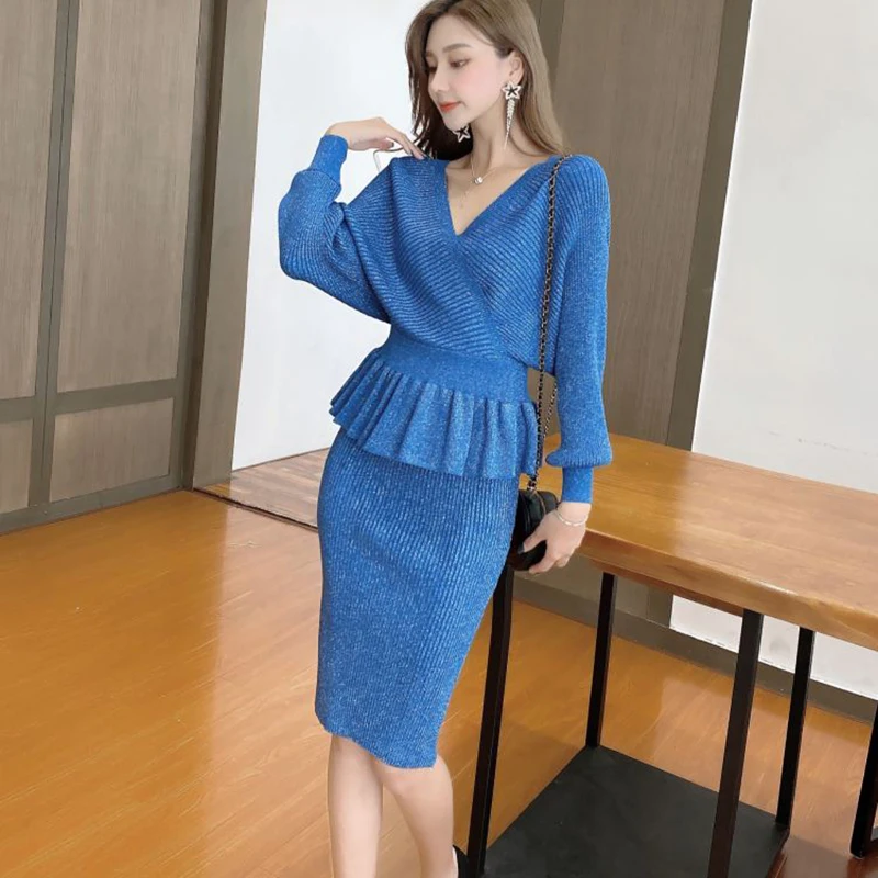 

Good High Quality Autumn Winter Women Knitted 2 Piece Set Long Sleeve Tops+Slim Bodycon Skirt Female Sweater Suits