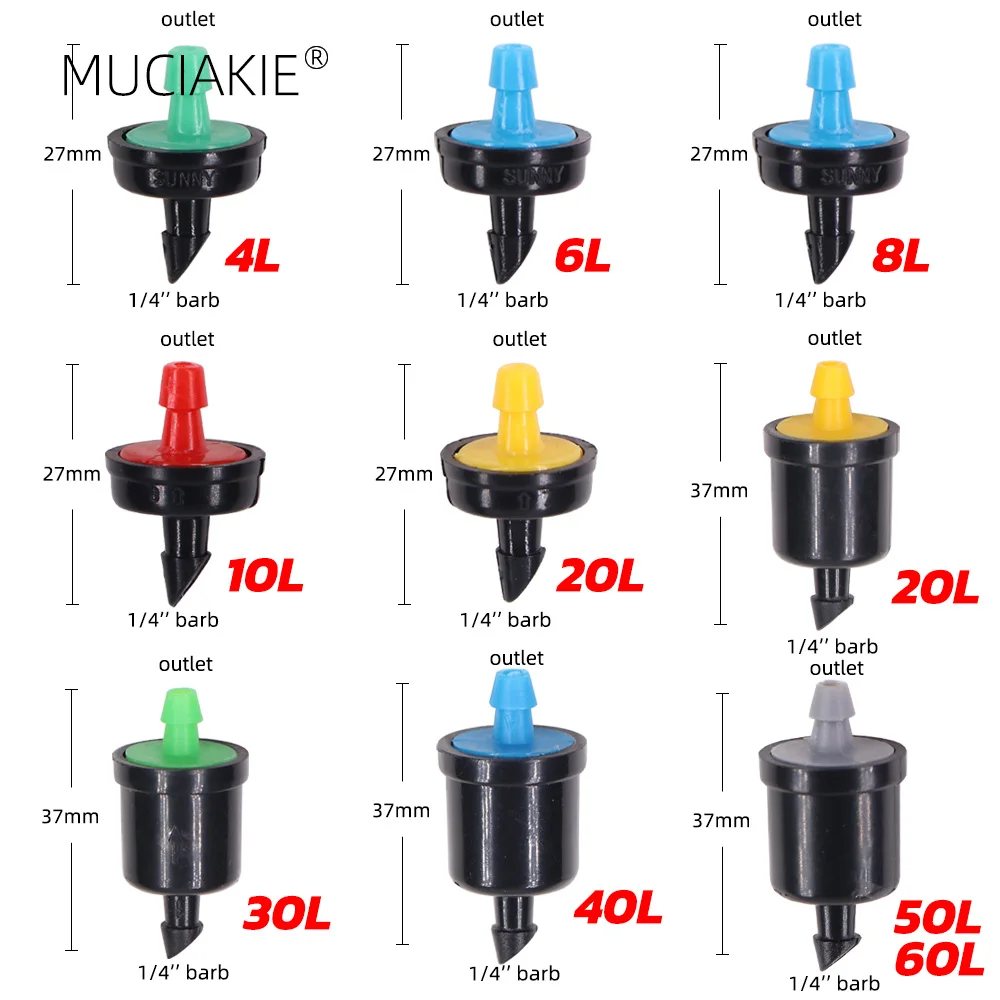 200PCS 4L 8L 10L 20L 30L 40L 50L 60L Drippers Garden Micro Irrigation Pressure Compensation Emitter 1/4\'\' Nozzle Water Regulator