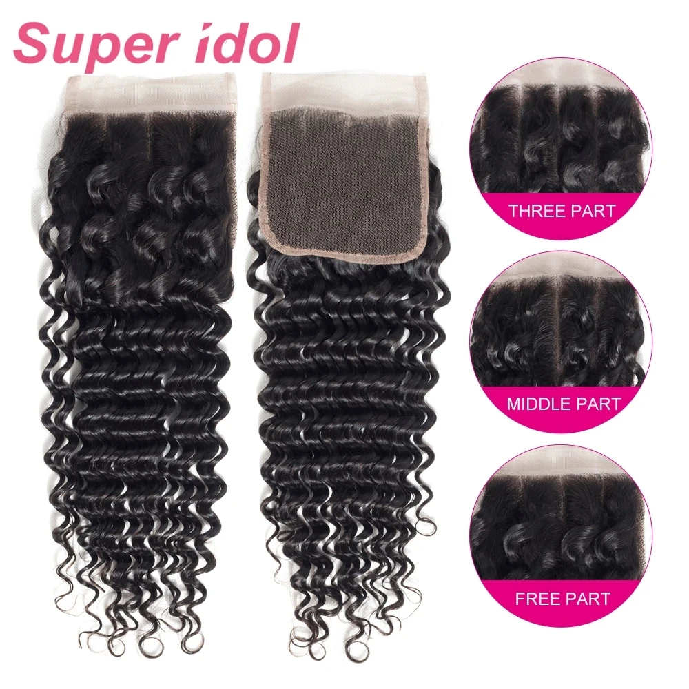 

Transparent Swiss lace Brazilian remy human hair Deep Wave 4X4 Lace Closure hair Natural black Pre-Plucked with Baby Hair