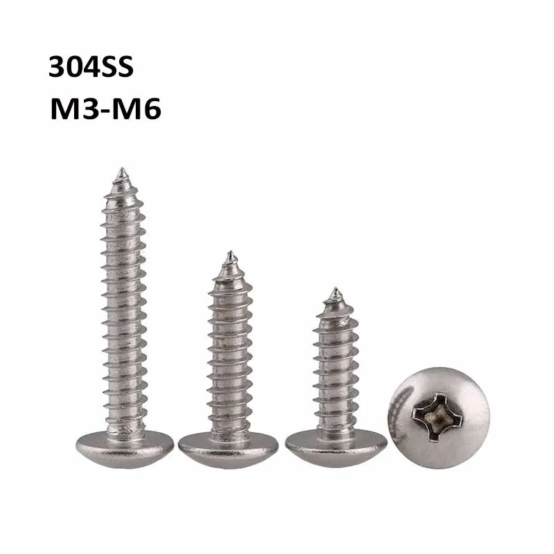 304 Stainless Steel Truss Head Self Tapping Screws Phillips Screw Extra-Wide Rounded Mushroom Cross Recessed Bolts M3~M6