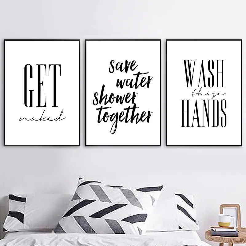 Modern Black White Wash Hands Save Water Quote Canvas Painting Print Get Naked Quote Bathroom Poster Wall Art Home Decor