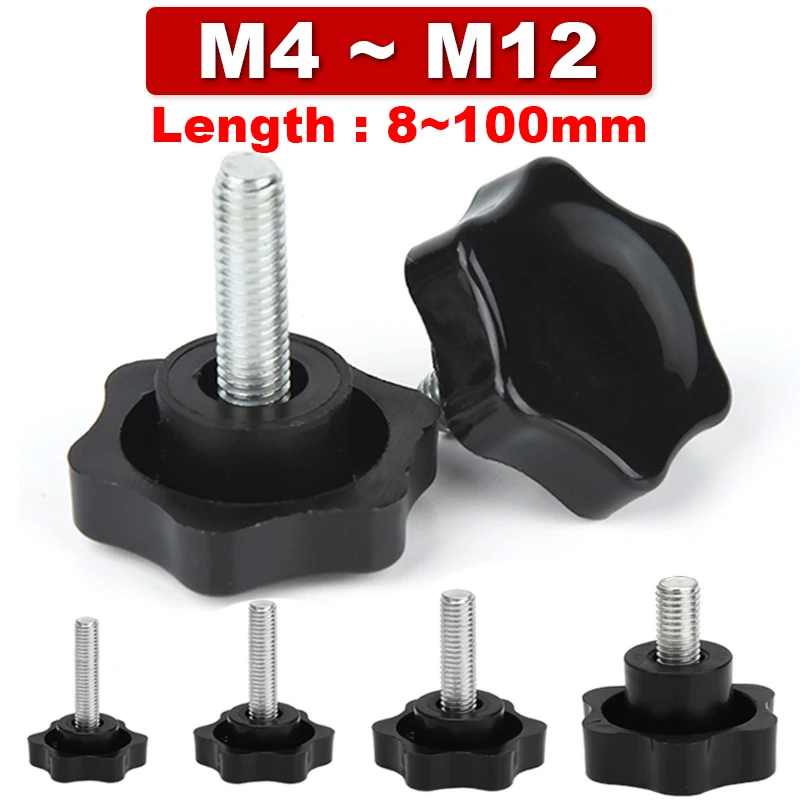 

M4 M5 M6 M8 M10 M12 Plastic Handle Screw Plum Hand Tighten Screw Black Star-Shaped Tightening Nuts Bakelite Carbon Steel Knob