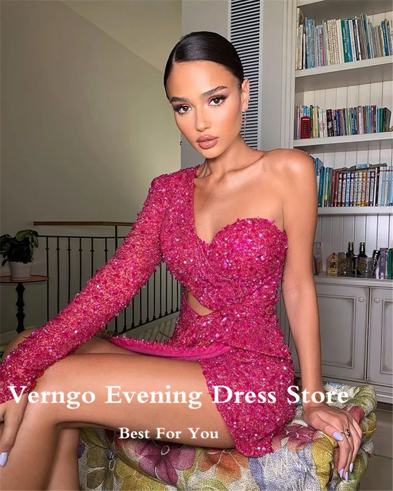 Verngo-Robe de Bal Courte Rose pour Femme, Tenue de Cocktail à Paillettes et Manches sulf, 2021