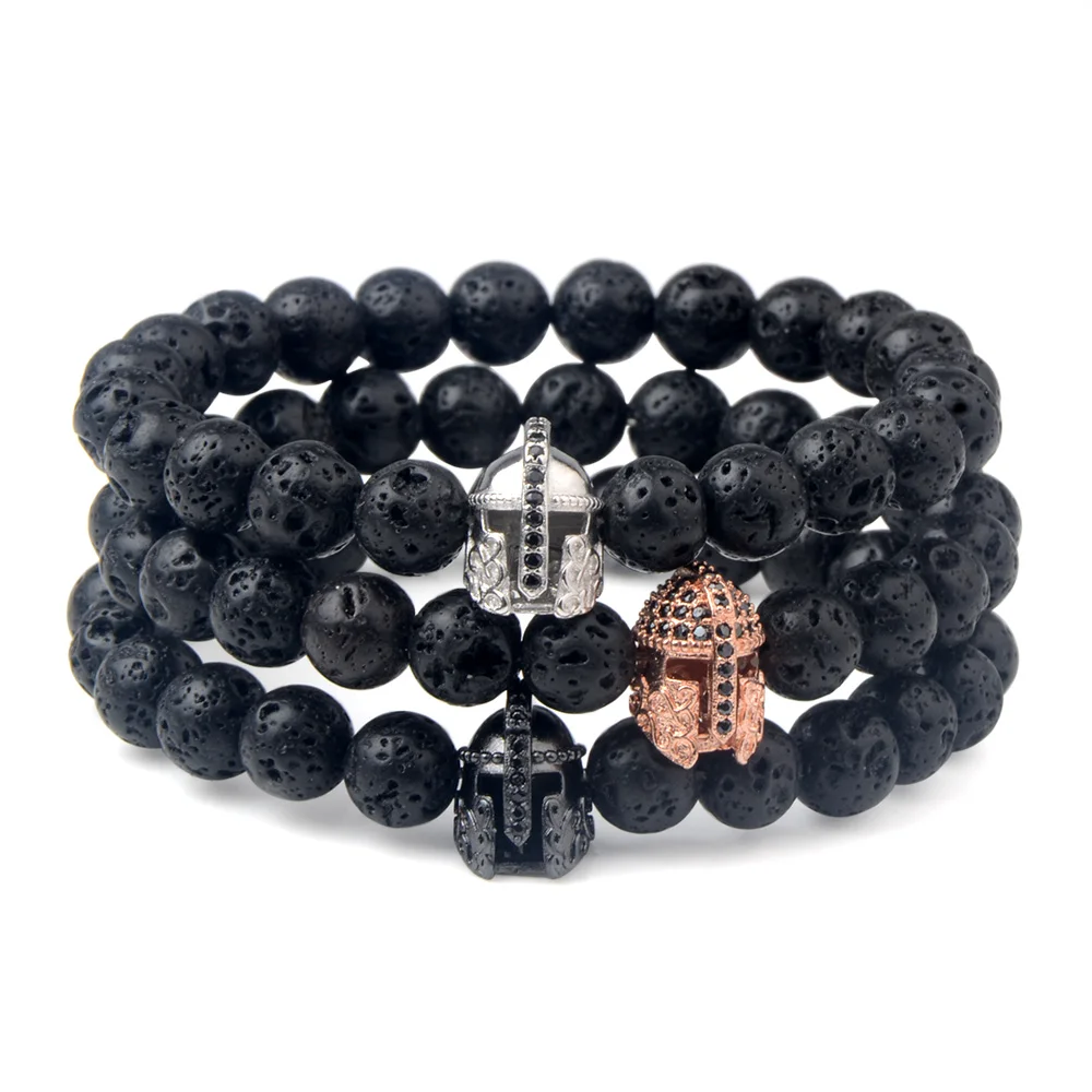 Natural Stone Black Lava Beads Bracelet Spartan Warrior Gladiator Helmet Fashion      Punk Style Bracelets For Women Men Jewelry view 5