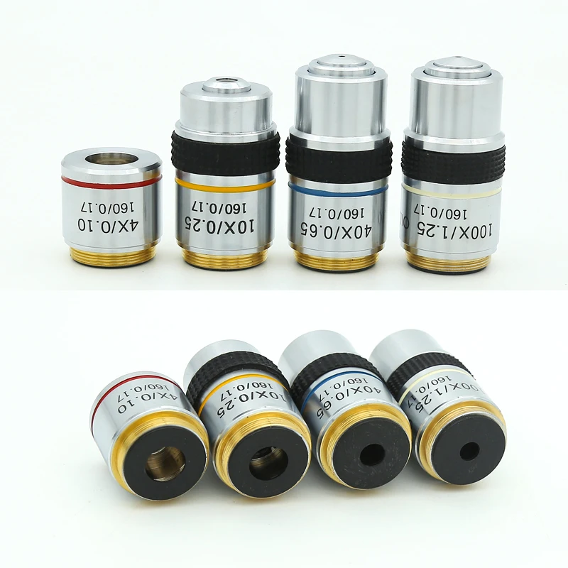 Objetivo de microscopio de alta calidad 4X 10X 40X 100X, accesorios de lentes objetivos acromáticos